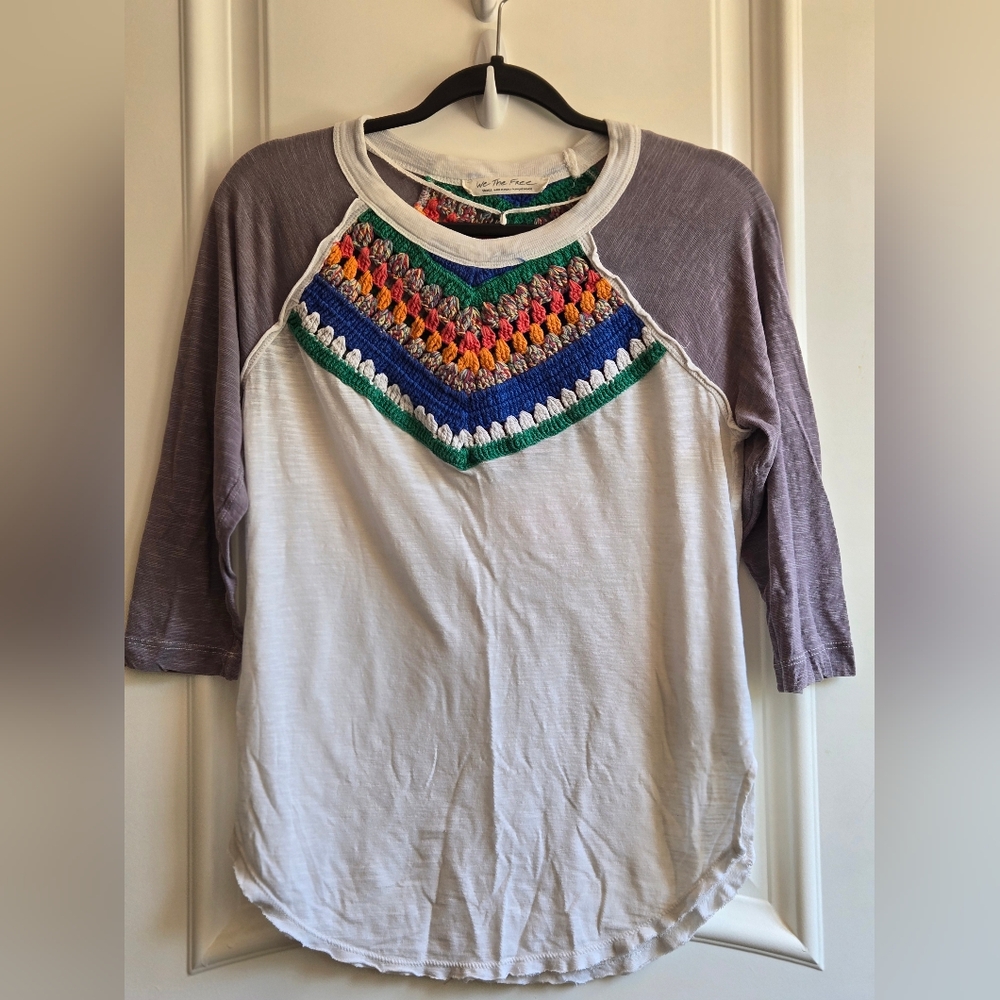 We The Free Colorful Crochet Accent Long Sleeve Top